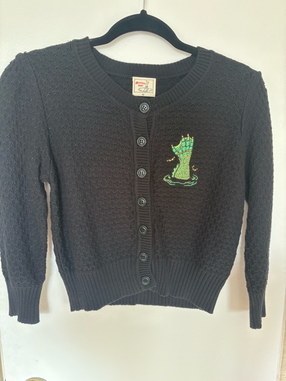 Mischief Made Women’s M Black Cardigan With Retro Creature Design